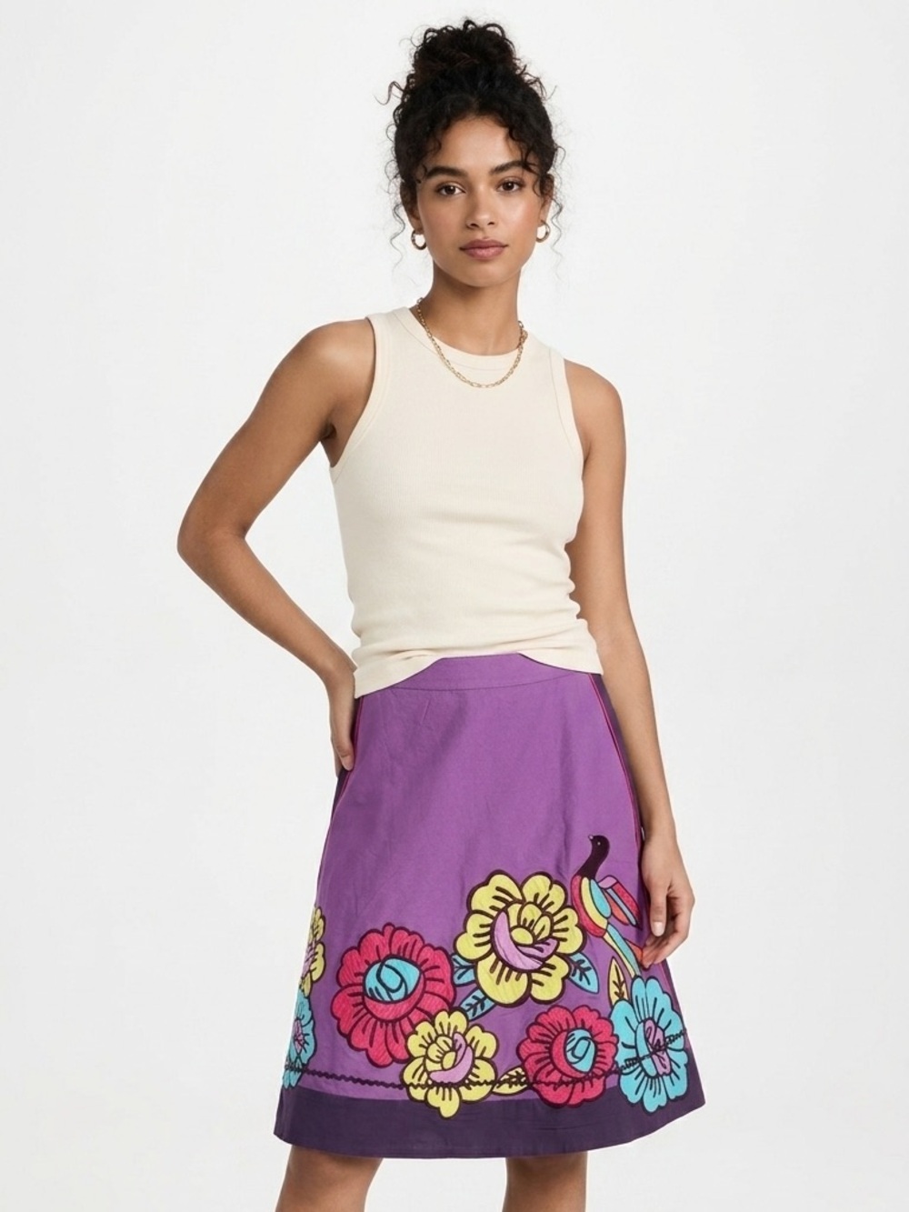 Odille Anthropologie Embroidered Bird Floral Applique A-Line Cotton Skirt 8